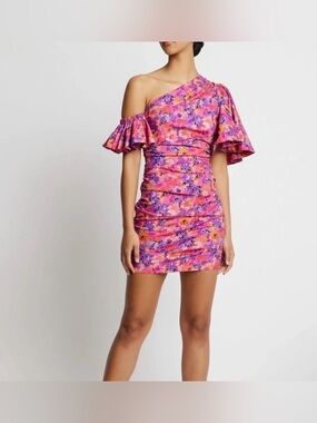 Sofia the Label Willow‎ Ruched One Shoulder Pink Fuchsia Floral Mini Dress Sz 8